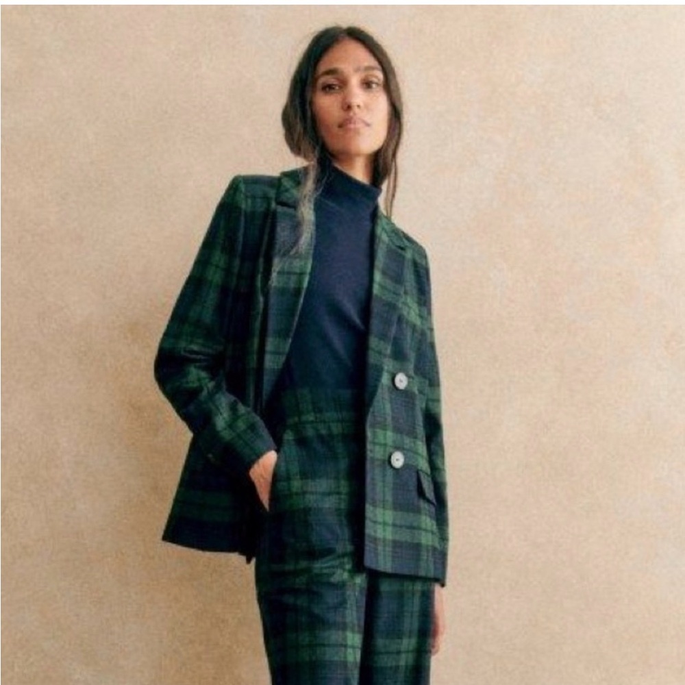 Sézane SEZANE Navy Blue Green Tartan Wool Plaid Blazer Jacket 38 / 6 / M